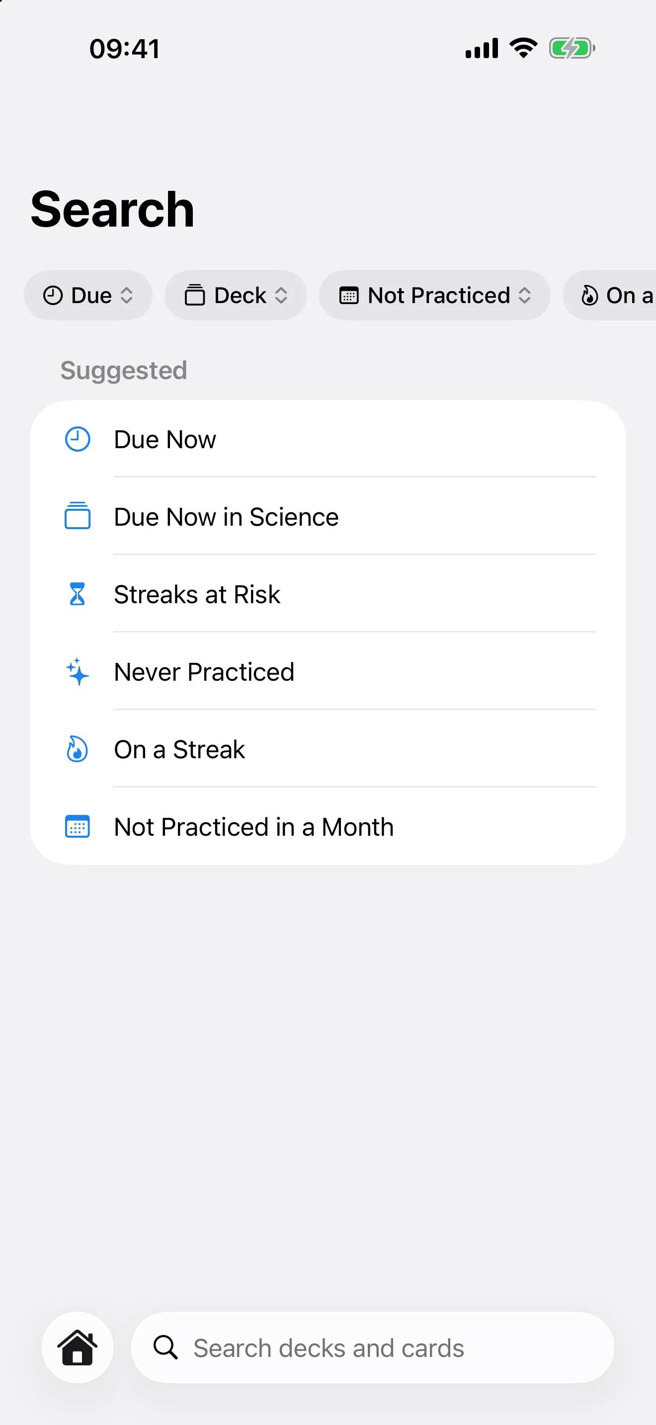 The Swiftflip Search tab with filters for due cards, decks, practice history and streaks above suggested searches