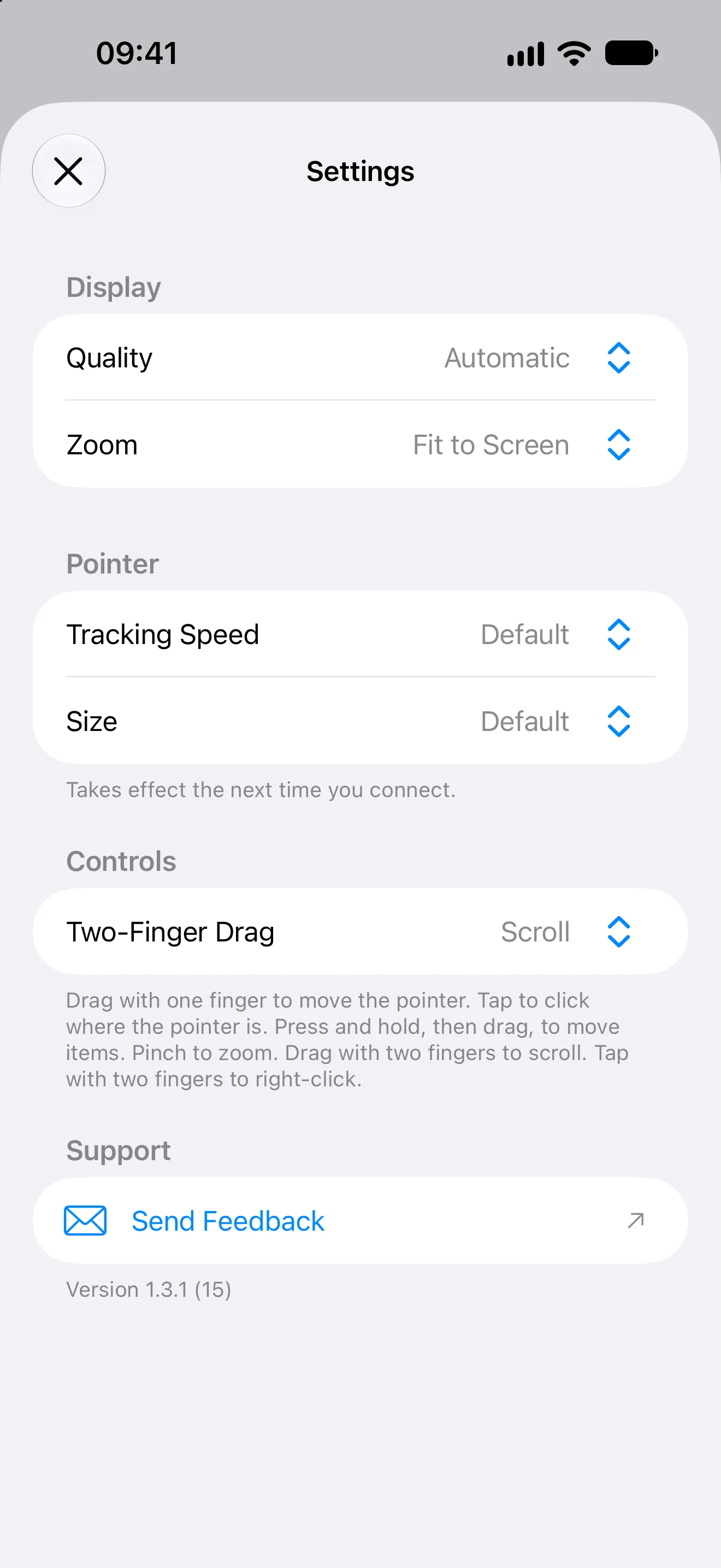 Otherdesk settings on iPhone with Quality, Zoom, Tracking Speed and Size