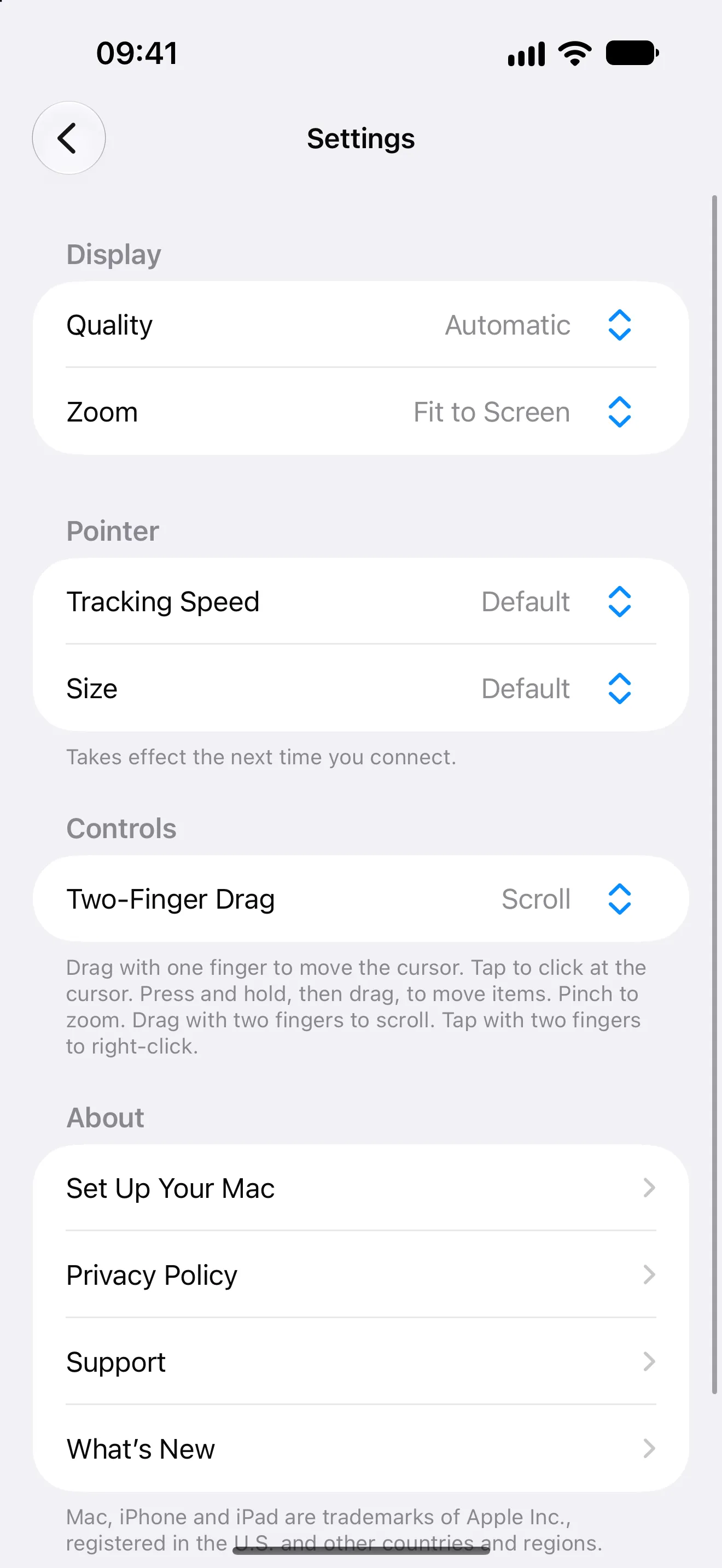Otherdesk settings on iPhone for quality, zoom, tracking speed and pointer size