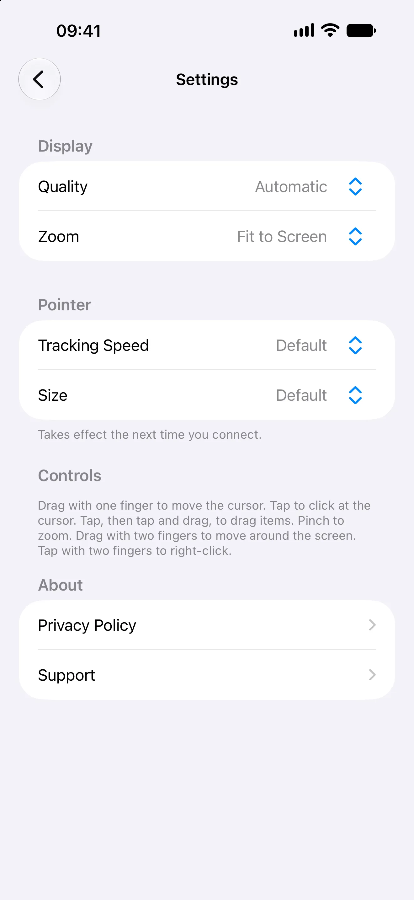 Otherdesk settings on iPhone with Quality, Zoom, Tracking Speed and Size