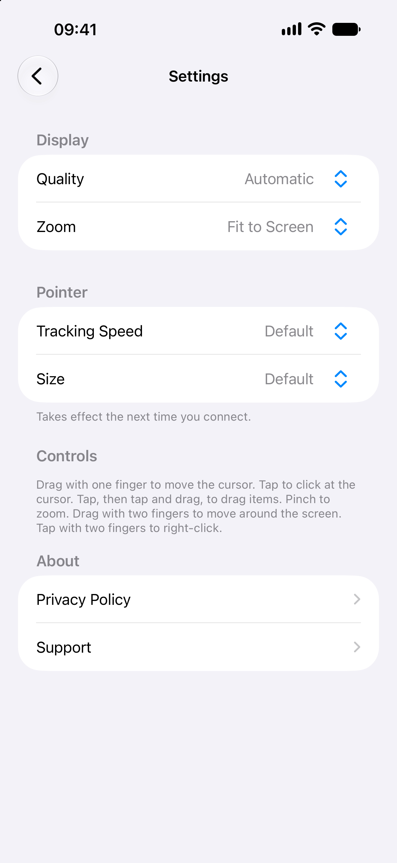 Otherdesk settings for quality, zoom, pointer speed and cursor size