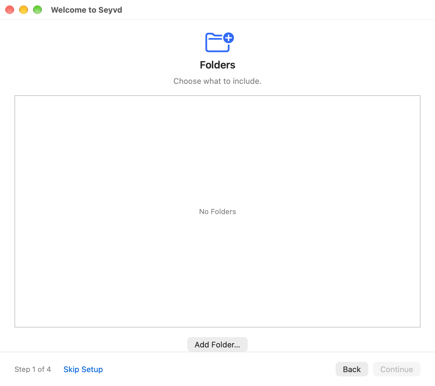 The Seyvd setup assistant asking for folders to back up