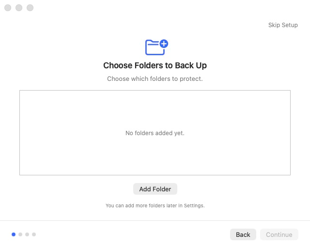 The Seyvd setup assistant asking for folders to back up