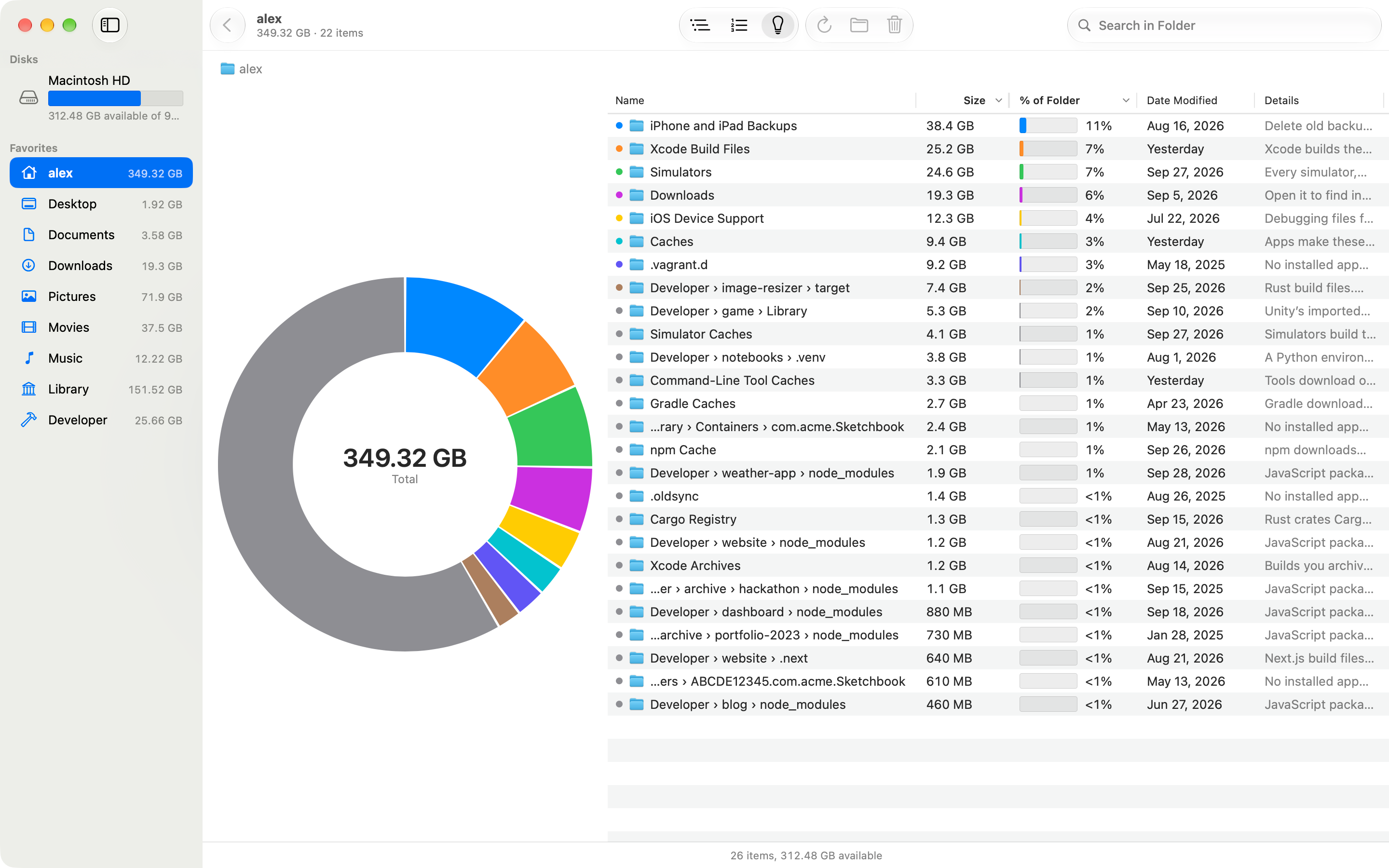 Diskbite Suggestions listing iPhone backups, Xcode build files, simulators, caches and node_modules folders, each with a note