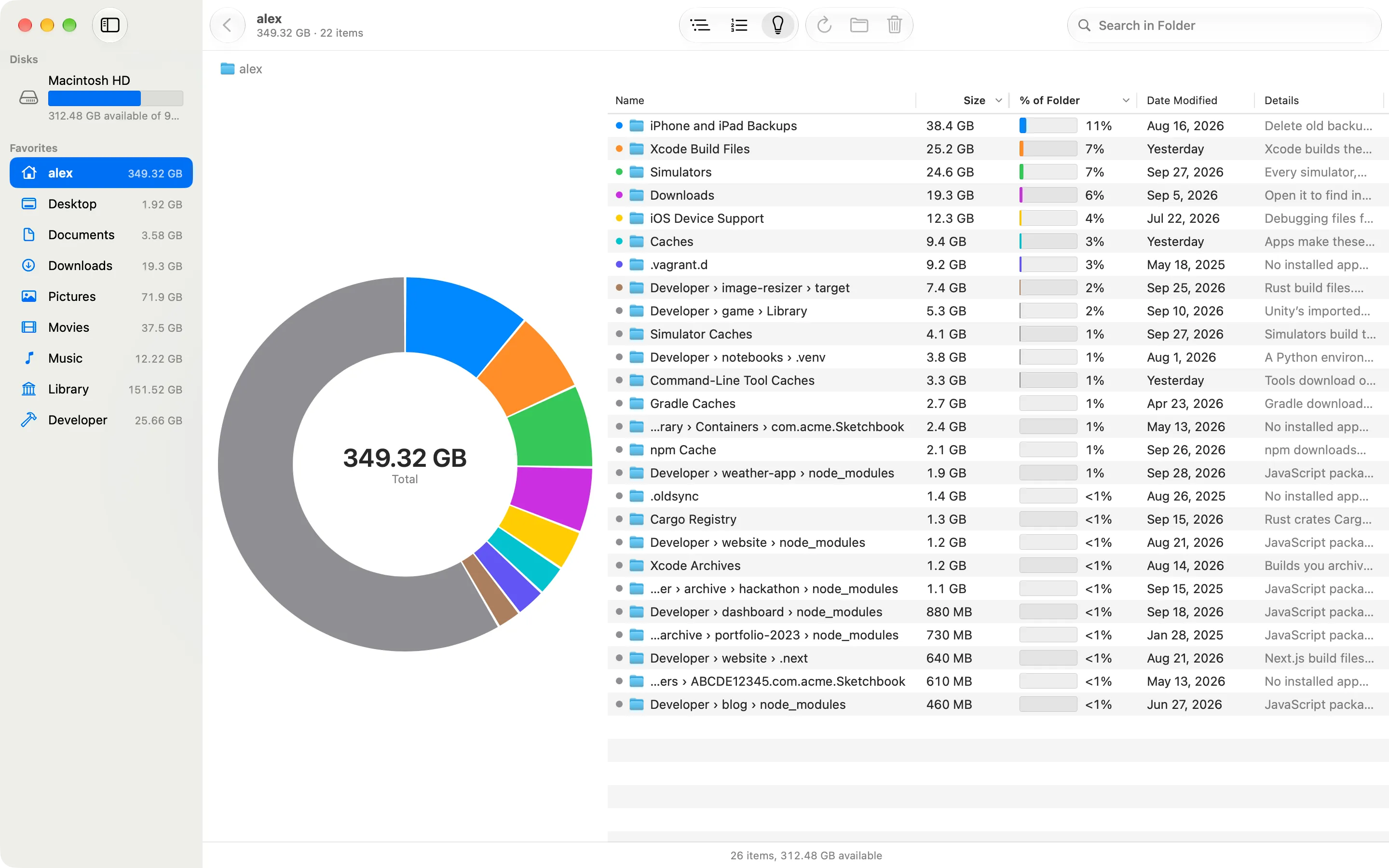 Diskbite Suggestions listing build folders, caches and backups with a note on each