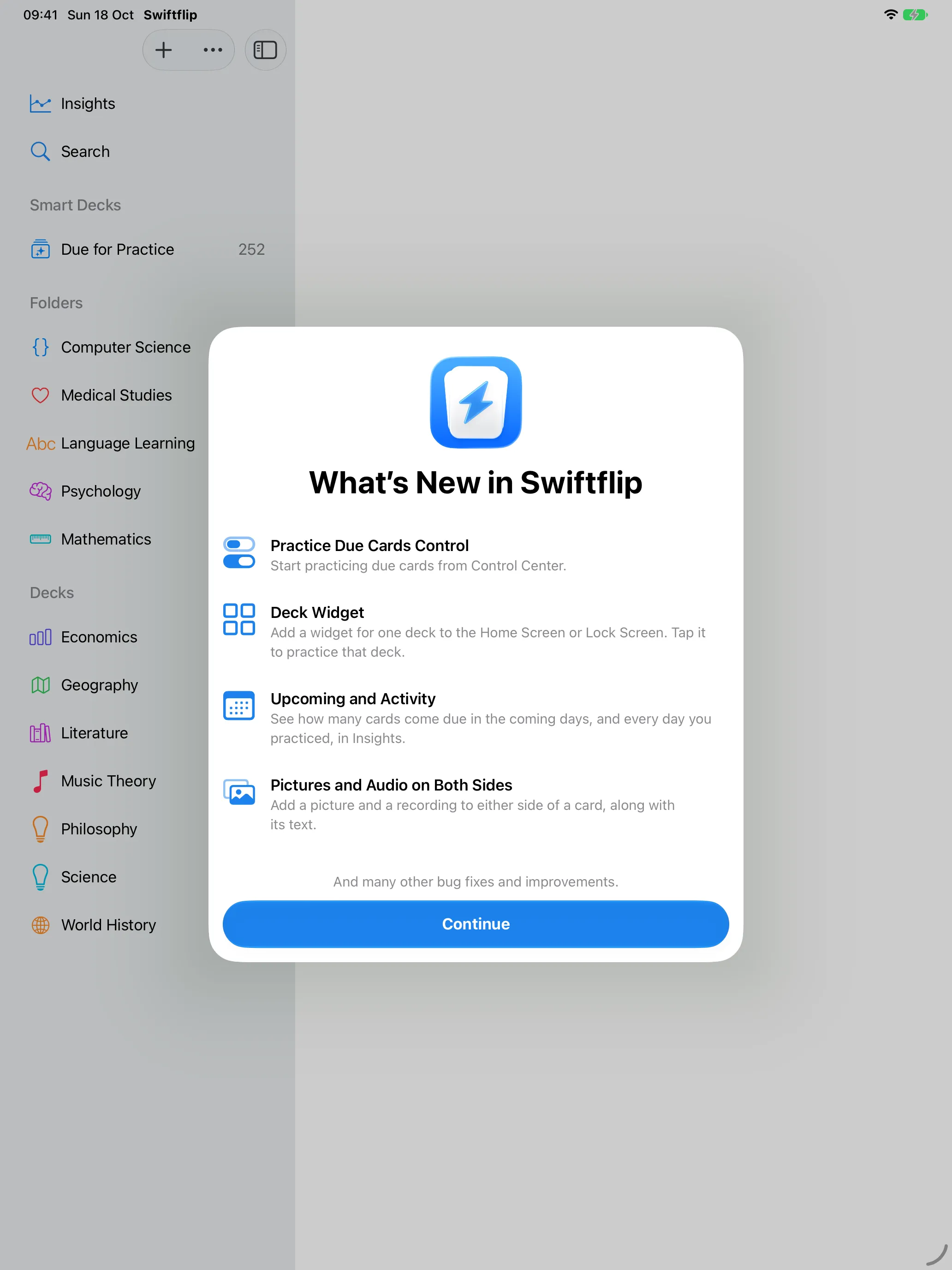 What's New in Swiftflip on iPad, listing the Practice Due Cards control, the Deck widget, Upcoming and Activity, and pictures and audio on both sides