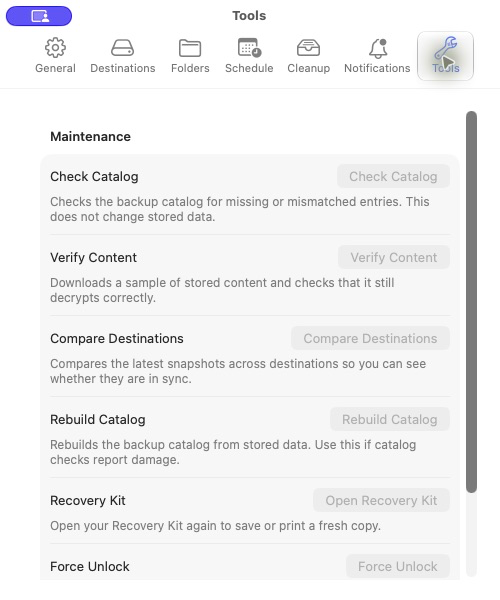 Seyvd Tools settings with catalog, content and destination checks