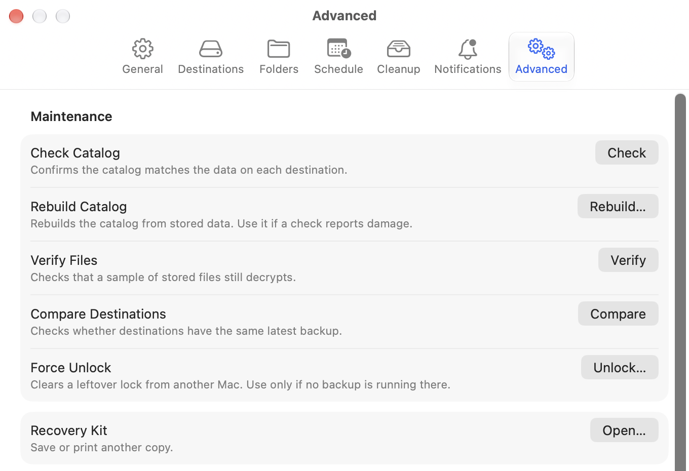 Seyvd Advanced settings with catalog, file and destination checks