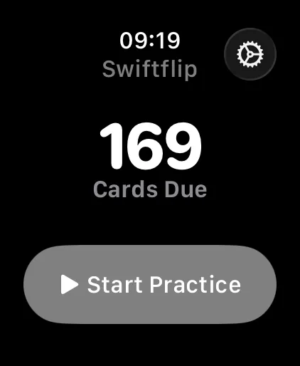 Swiftflip on Apple Watch showing 169 cards due