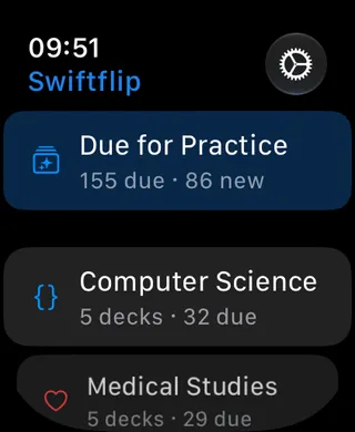Swiftflip on Apple Watch showing the current due-card count