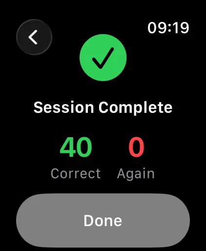 Swiftflip on Apple Watch showing a completed practice session