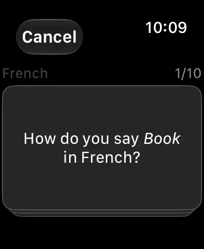 A Swiftflip practice card on Apple Watch asking how to say book in French