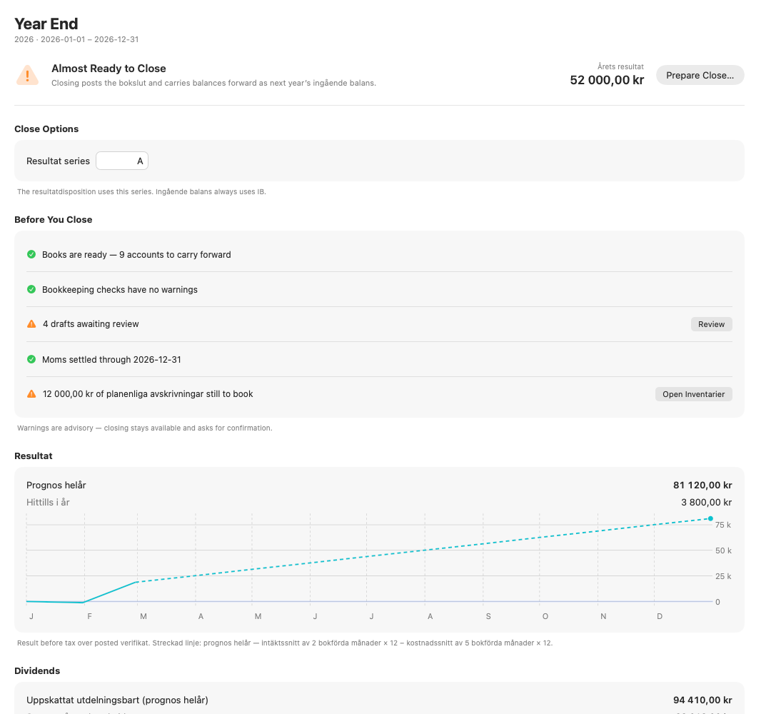 The Smartbok Year End view with a fiscal-year checklist
