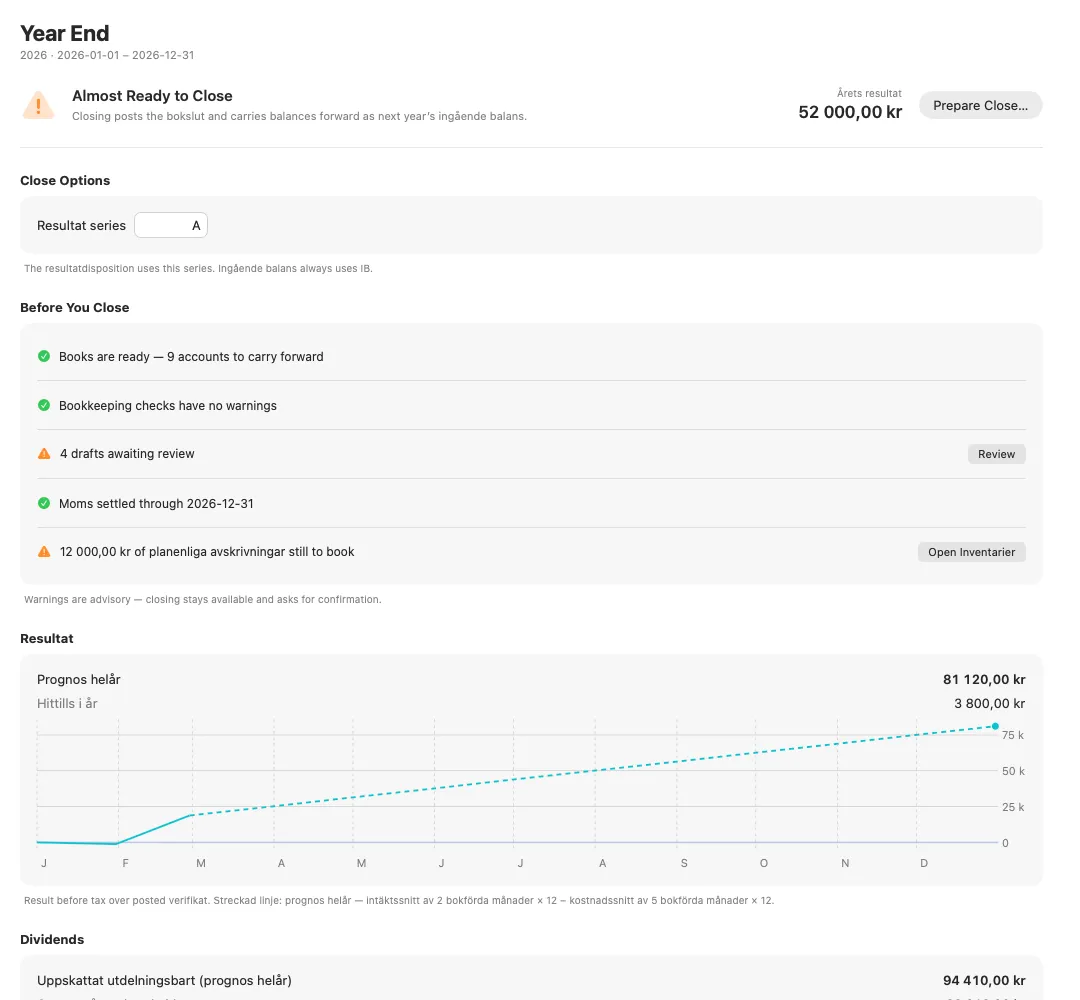 The Smartbok Year End view with a fiscal-year checklist