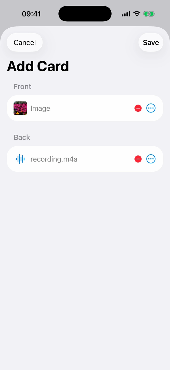 A Swiftflip card editor with an image on the front and a recording on the back