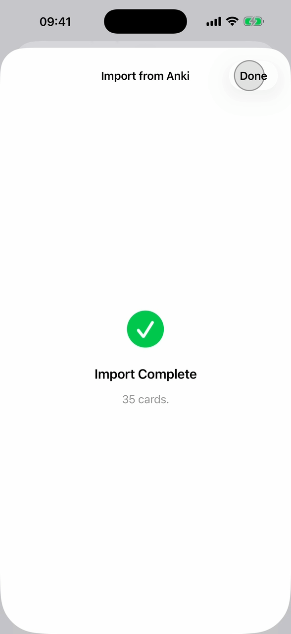 Swiftflip confirming that an Anki deck import completed