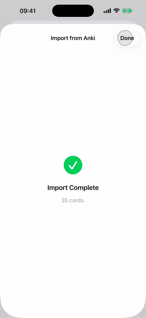 Swiftflip confirming that an Anki deck import completed